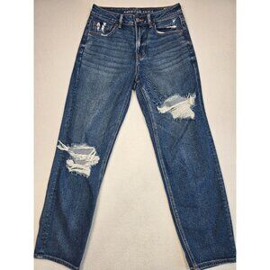 American Eagle Womens Stretch Mom Straight Jeans Distressed Mid-Rise Size 6 Blue